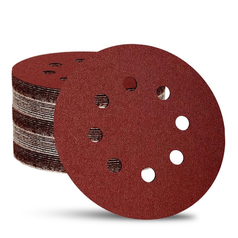 OUKEYA 5 Inch 8-Hole Hook and Loop Sanding Discs Sandpaper Red Round 220 Grits Sandpaper for Random Orbital Sander (220 Grit 52-Pack) - Image 1